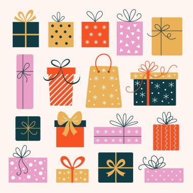 Düz stil tatil hediyeleri. Eski renklerle boyanmış hediyelerin simgeleri. Pankart ve pankart tasarımı için elementler.