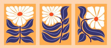 Soyut papatyaları olan bir poster. Hippi tarzında moda botanik duvar sanatı. İç dekorasyon için modern saf resim. Düz vektör illüstrasyonu.