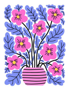 Çiçek saksısında menekşeler, soyut poster. Hippi tarzında moda botanik duvar sanatı. İç dekorasyon için modern saf resim. Düz vektör illüstrasyonu.