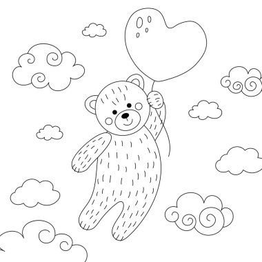 Oyuncak ayı ve kalp. Sevgililer Günü için çizim. Renkler için doğrusal çizim. Vektör illüstrasyonu.