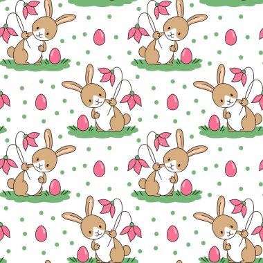 Paskalya tavşanı ve çiçeklerle kusursuz desen. Düz stil. Vektör illüstrasyonu.