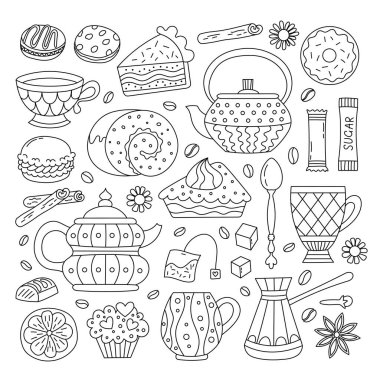 Çay, kahve ve tatlı öğeleri karalama tarzında. Tasarımın için fırın ve tatlılar. Kafe menüleri ve doğum günü kartları için uygun