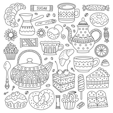 Çay, kahve ve tatlı öğeleri karalama tarzında. Tasarımın için fırın ve tatlılar. Kafe menüleri ve doğum günü kartları için uygun.