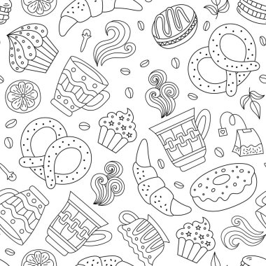 Çay, kahve, hamur işi ve şekerli kusursuz bir desen. Doodle tarzı vektör. Kafe menüleri ve doğum günü kartları için uygun.