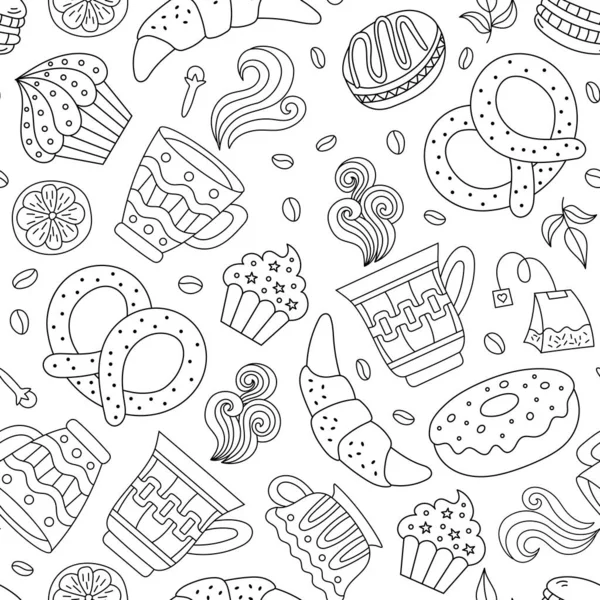 Çay, kahve, hamur işi ve şekerli kusursuz bir desen. Doodle tarzı vektör. Kafe menüleri ve doğum günü kartları için uygun.