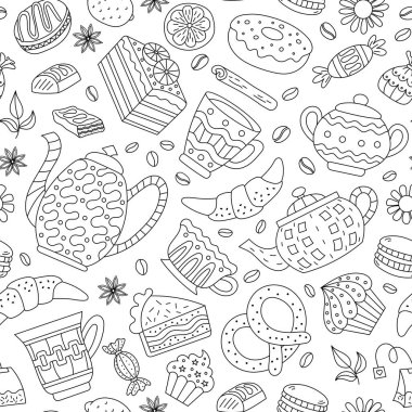 Çay, kahve, hamur işi ve şekerli kusursuz bir desen. Doodle tarzı vektör. Kafe menüleri ve doğum günü kartları için uygun.