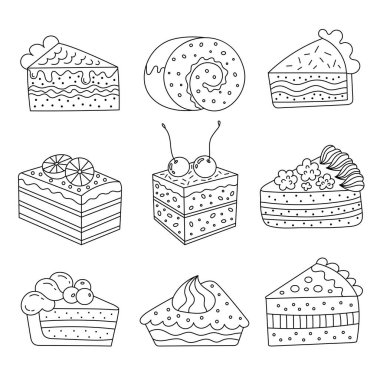 Bir dizi kek, yemek, peynirli kek. Tatlı yemek koleksiyonu, tatlılar. Şekerlerin el çizimi vektör çizimi. Pasta dilimleri arkaplandan izole edilmiş.