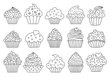 A set of cupcakes with different tastes. Made in the style of doodle. Vector illustration.