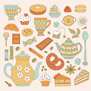 Çay, kahve ve tatlı öğeleri karalama tarzında. Tasarımın için fırın ve tatlılar. Kafe menüleri ve doğum günü kartları için uygun.