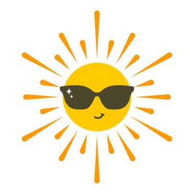 Güneş gözlüklü yaz karakteri. Yazlık çıkartma, poster ve baskı için vektör illüstrasyonu kullanılabilir. Bebek çizgi film karakteri ikonu.