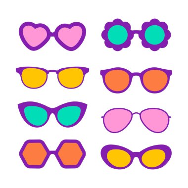 Farklı tasarımlarda güneş gözlüğü vektör çizimi. Yaz elementi. Göz giyimi modası. Çizgi film düz vektörü izole edildi.