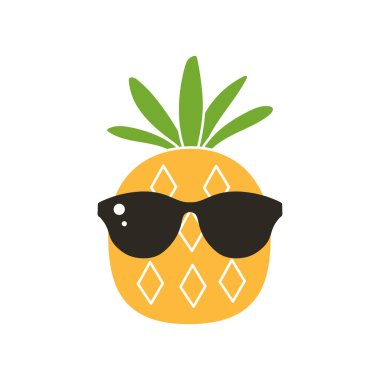 Gözlüklü çizgi film ananası. Güneş gözlüklü egzotik meyve. Şirin yaz çizimi.