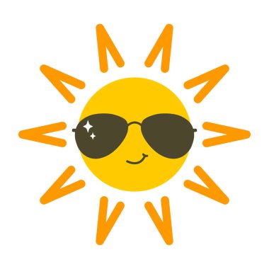 Güneş gözlüklü yaz karakteri. Yazlık çıkartma, poster ve baskı için vektör illüstrasyonu kullanılabilir. Bebek çizgi film karakteri ikonu.