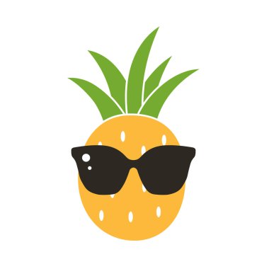 Gözlüklü çizgi film ananası. Güneş gözlüklü egzotik meyve. Şirin yaz çizimi.