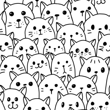 Kusursuz desenli, sevimli kedicikler. Karalama tarzında şirin kediler. Kumaş ya da ambalaj kağıdı üzerinde baskı olarak kullanılabilir. Vektör illüstrasyonu.