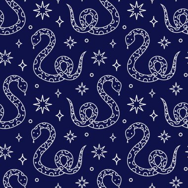 Yılanlı ve yıldızlı kusursuz desen. Kumaş ve ambalaj kağıdı için mistik yılan deseni. El çizimi.