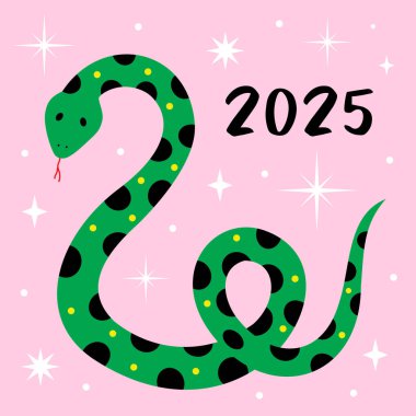 Yılan 2025 yılının yılbaşı tebrik kartı şablonu. Şirin, şık ve basit bir tasarım. Vektör illüstrasyonu.