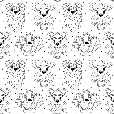 Şirin köpek suratı. Köpeklerde kusursuz desen. Siyah beyaz çizim. Kumaş ve ambalaj kağıdındaki parmak izleri için.