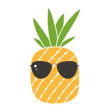 Gözlüklü çizgi film ananası. Güneş gözlüklü egzotik meyve. Şirin yaz çizimi.