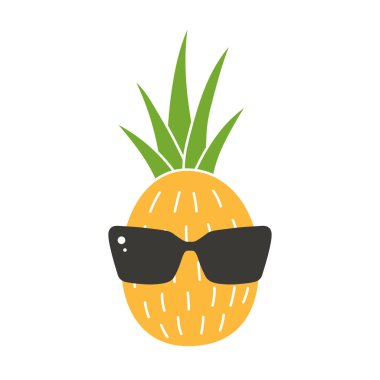 Gözlüklü çizgi film ananası. Güneş gözlüklü egzotik meyve. Şirin yaz çizimi.