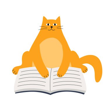Kitap okuyan sevimli bir kedi. Düz bir tarzda kitabı olan, beyaz bir arka planda izole edilmiş bir kedi. Vektör illüstrasyonu.