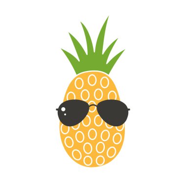 Gözlüklü çizgi film ananası. Güneş gözlüklü egzotik meyve. Şirin yaz çizimi.