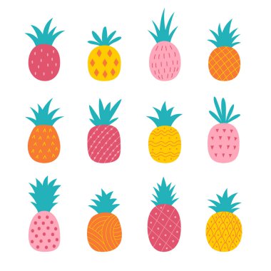 Bir dizi soyut el çizimi ananas. Egzotik meyveler. Beyaz arkaplanda izole.