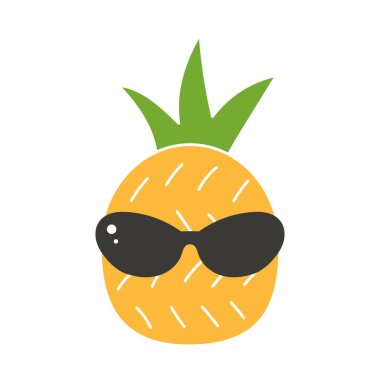 Gözlüklü çizgi film ananası. Güneş gözlüklü egzotik meyve. Şirin yaz çizimi.