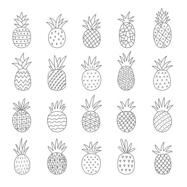 Bir dizi çizgi çizilmiş ananas. Karalama tarzında farklı ananas koleksiyonu. Vektör illüstrasyonu.
