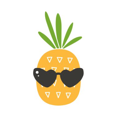 Gözlüklü çizgi film ananası. Güneş gözlüklü egzotik meyve. Şirin yaz çizimi.