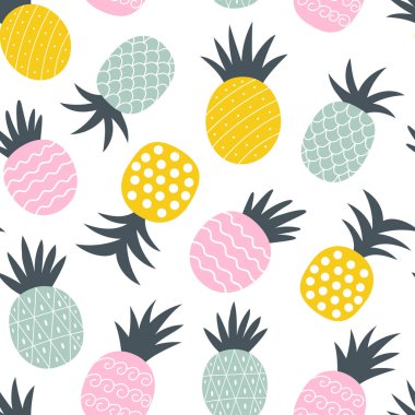 Çok renkli ananas desenli. Kağıt kumaş ve ananas ambalajlı yaz deseni. El çizimi.