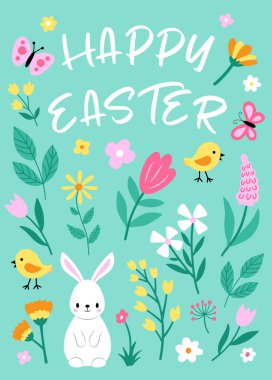 İçinde güzel tavşanlar ve çiçekler olan Paskalya kartı. Davetiyeler ve selamlar için kullanılabilir. El çizimi.