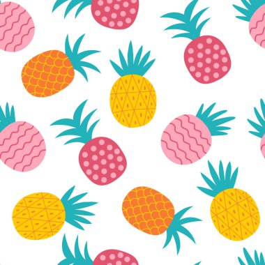 Çok renkli ananas desenli. Kağıt kumaş ve ananas ambalajlı yaz deseni. El çizimi.