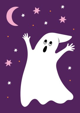 Arka planda gece gökyüzü olan sevimli bir hayalet. .