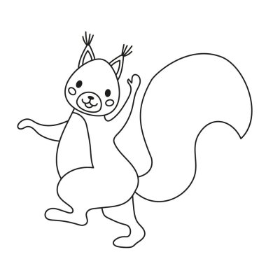 Bu vektör illüstrasyonu, renkli kitaplar veya çocuk tasarımları için mükemmel siyah-beyaz bir tarzda özetlenmiş, büyük poz veren, neşeli bir çizgi film sincabı içerir..