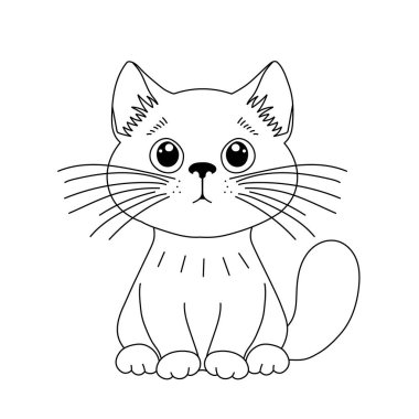 Siyah ve beyaz vektör çizgisi büyük gözlü ve anlamlı bıyıklı sevimli bir çizgi film kedisi sanatı.