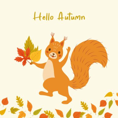 Sonbahar yapraklarını tutan sevimli bir sincabın neşeli bir temsili. Sıcak bir selamlama ve açık arkaplanda renkli yapraklar..