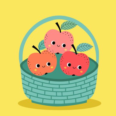 Üç mutlu çizgi film elması sarı arka planda bir sepetin içinde otururlar..