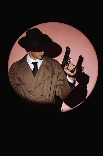 Portrait Male Detective Coat Hat Gun His Hands Dramatic Portrait — 스톡 사진