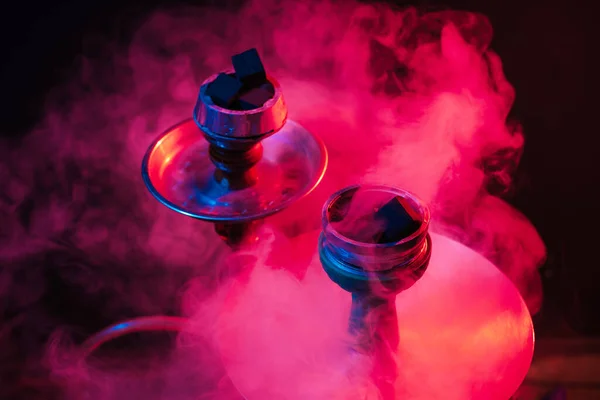 Hookah Bowl Shisha Coals Close Smoky Black Background Colored Lighting — Stock Photo, Image