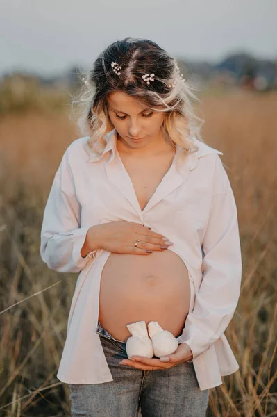 드레스를 개월째에 임신을 임신부는 경관을 배경으로 가슴을 두드린다 장래의 어머니라는 — 스톡 사진