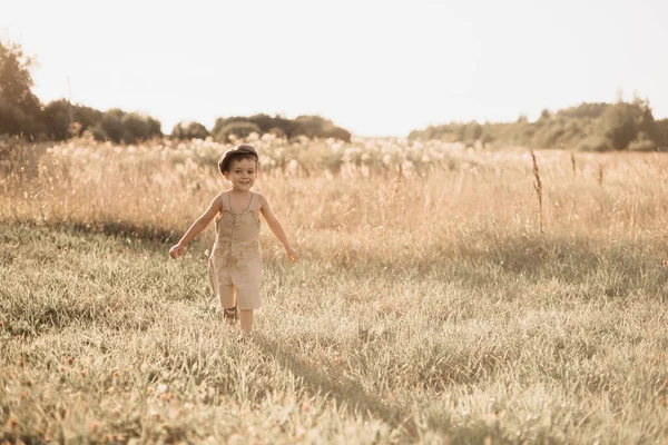 这个男孩玩得很开心 在田里跑来跑去 一个快乐而又真正快乐的男孩 农村的童年 — 图库照片