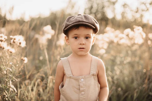 一个男孩正在农场或牧场上玩耍 一个戴着帽子和工作服的小男孩的画像 — 图库照片