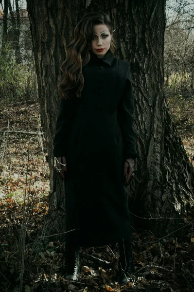 Mladá Žena Gotickém Zachmuřeném Obrazu Čarodějnice Lese Obklopeném Kouřem Halloweenský — Stock fotografie