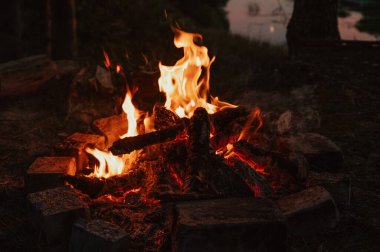 Yakın plan bir şenlik ateşi, alevler, yanmış odun parçaları ve küller açık havada manzaraya karşı. Kamp.