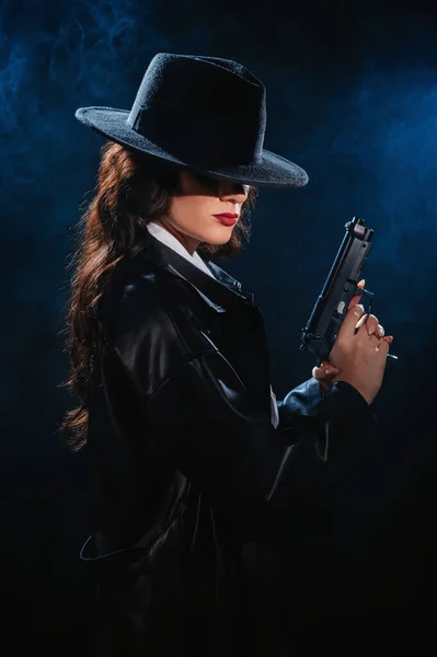 Silhouette Female Detective Coat Hat Gun Her Hands Dramatic Noir — Stock Photo, Image