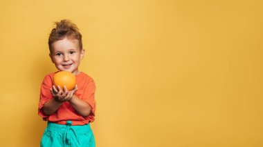 Sarı arka planda taze limon ve portakal tutan gülümseyen bir çocuğun stüdyo fotoğrafı. Sağlıklı bebek maması konsepti, C vitamini metnin için bir yer.