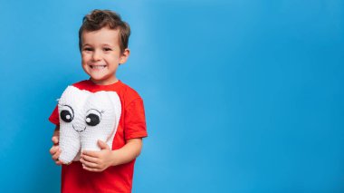 A smiling boy with healthy teeth holds a plush tooth in his hands on a blue isolated background. Oral hygiene. Pediatric dentistry. Prevention of caries. A place for your text