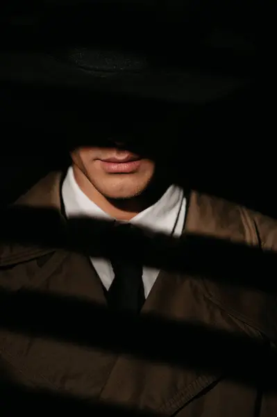 A dark portrait of a male detective in a coat and hat. Spectacular light from behind the blinds.. Dramatic noir silhouette in the style of detective spy films and books of the 1950s