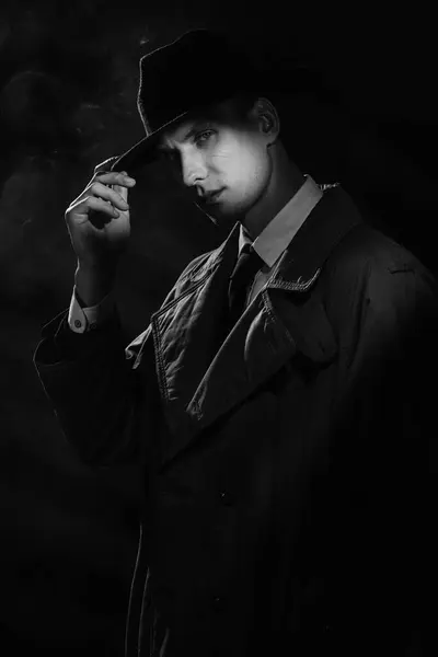Dark Silhouette Man Raincoat Hat Style Crime Noir Dramatic Noir — Stock Photo, Image